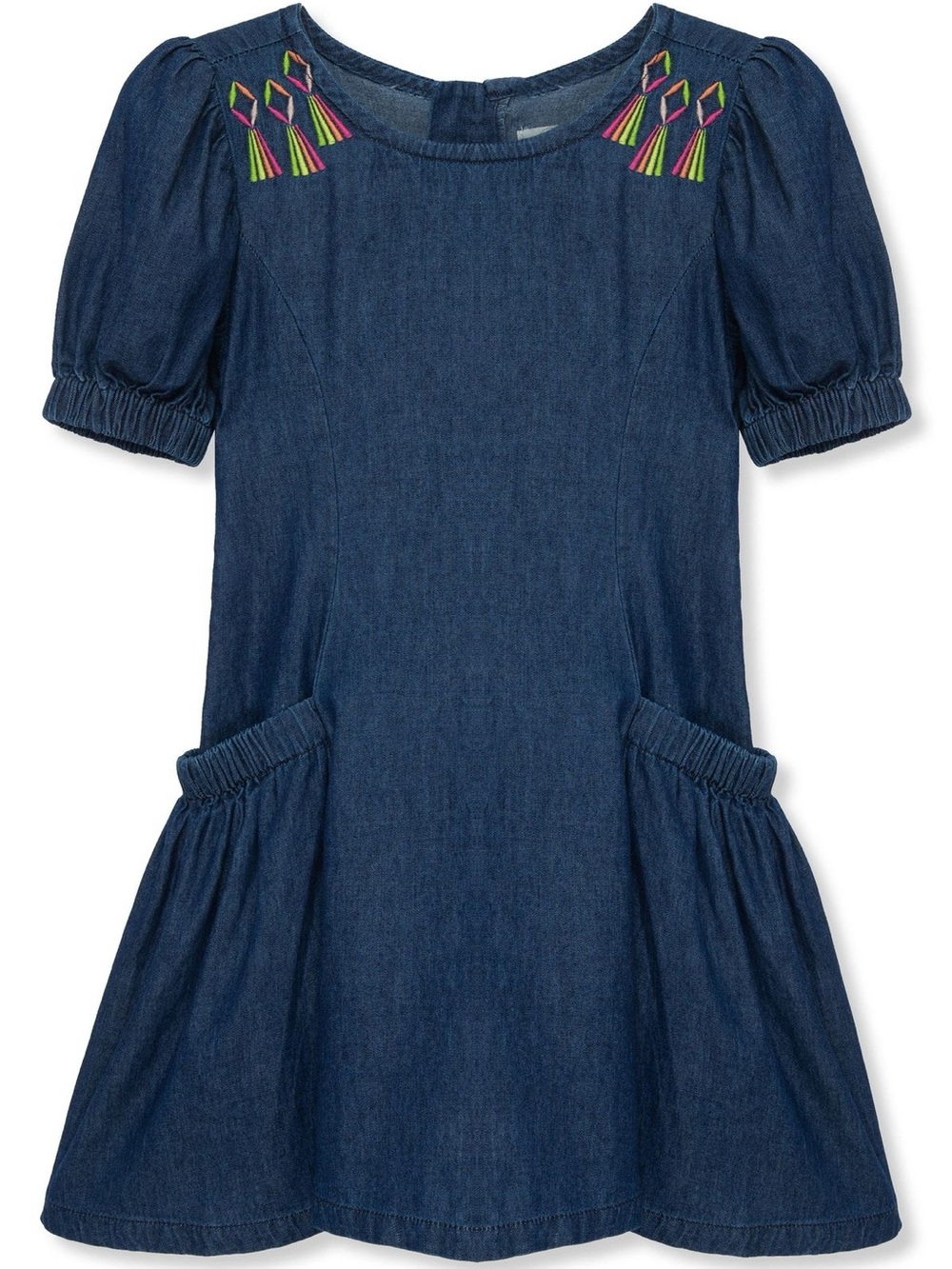 Nordstrom Navy Denim Puff-Sleeve Dress with Multicolor Embroidery
